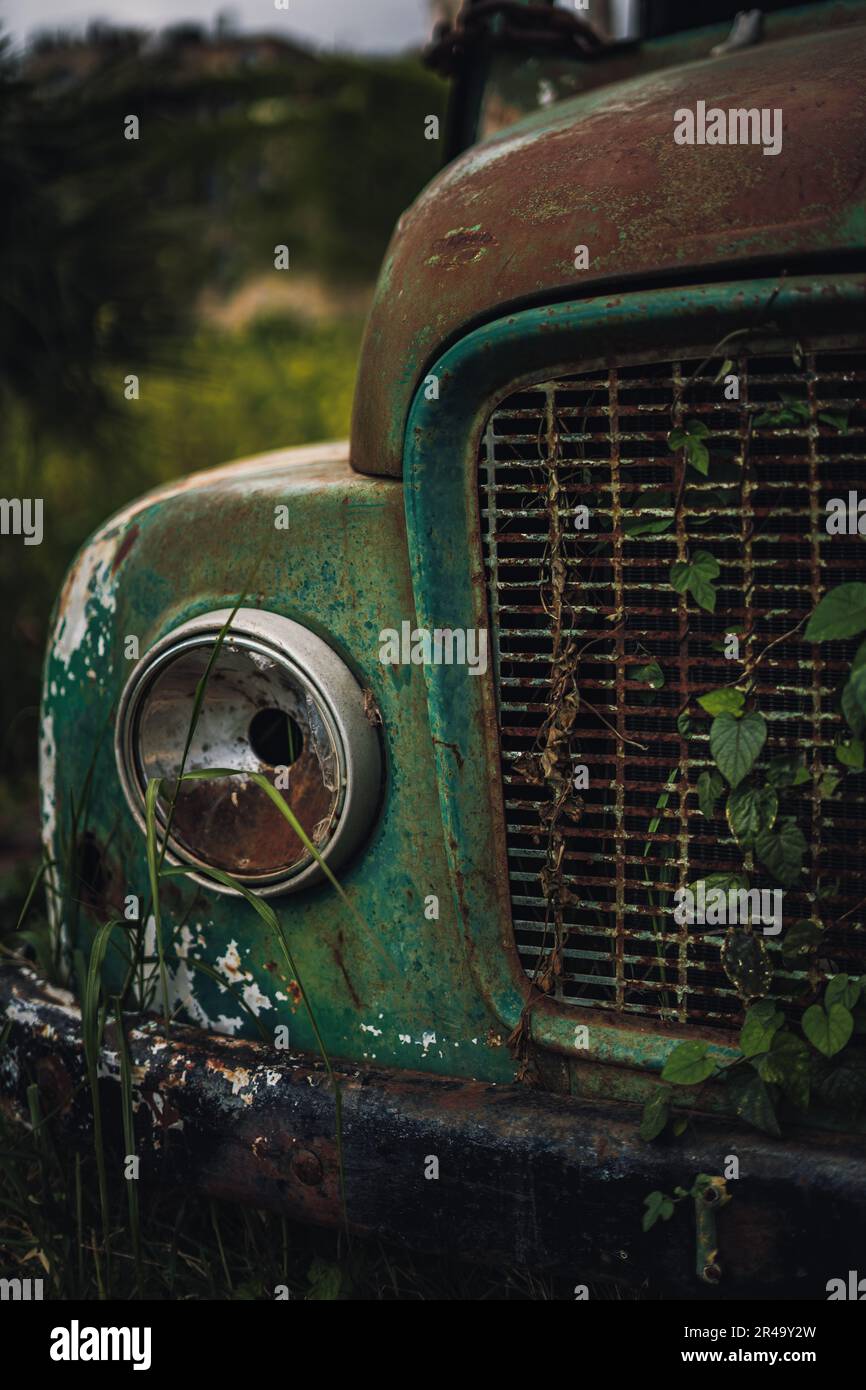 A vintage rust-covered truck in an overgrown field Stock Photo