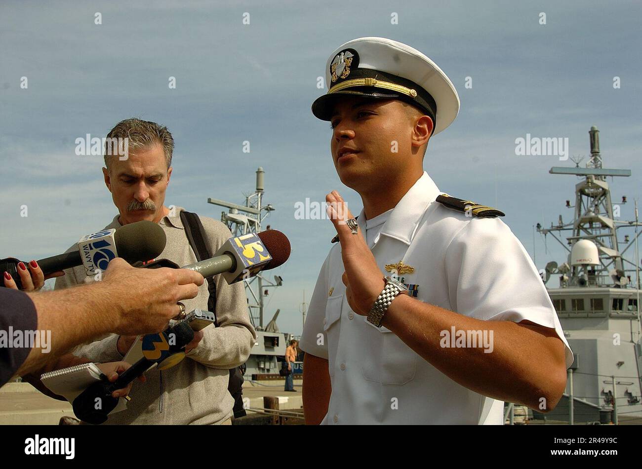 US Navy Commanding Officer, USS Typhoon (PC 5), speaks with news media ...