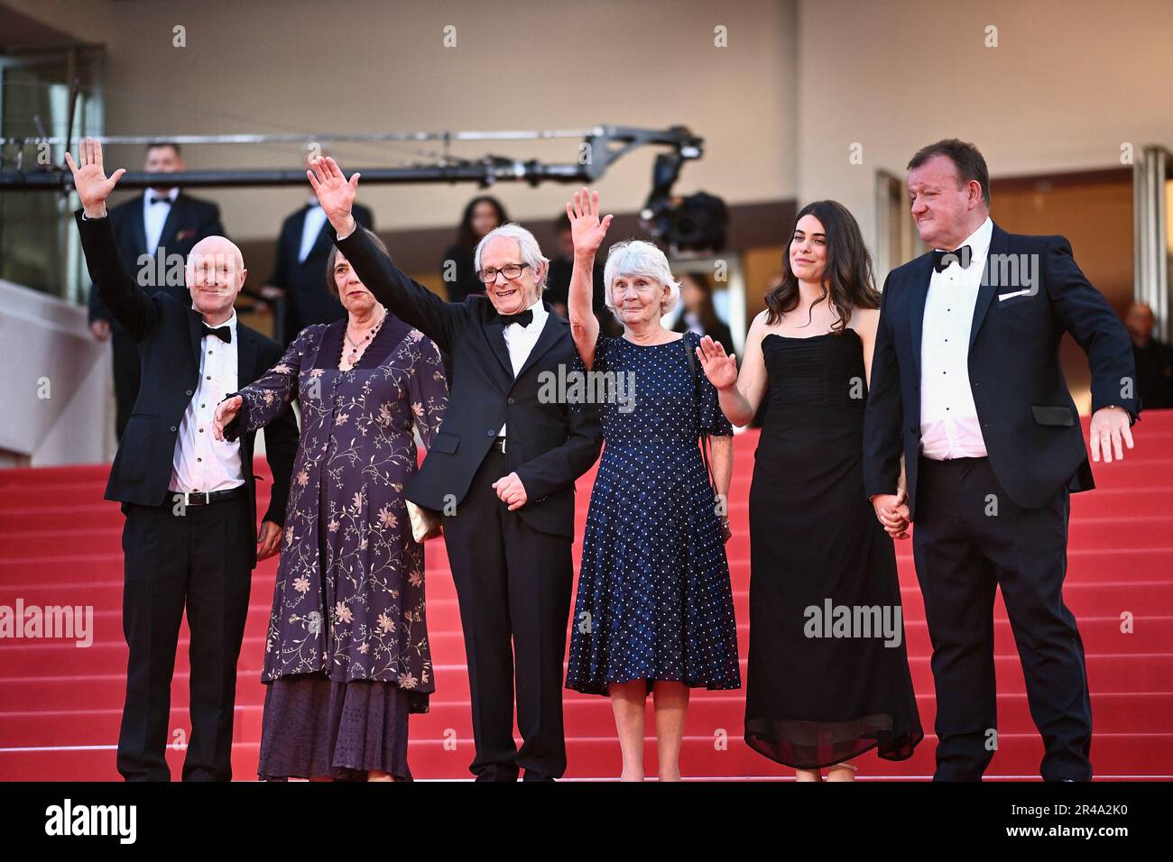 Cannes, France. 26th May, 2023. Paul Laverty, Rebecca O'Brien, Director Ken Loach, Lesley Ashton, Ebla Mari and Dave Turner attend the The Old Oak red carpet during the 76th annual Cannes film festival at Palais des Festivals on May 26, 2023 in Cannes, France. Photo by Franck Castel/ABACAPRESS.COM Credit: Abaca Press/Alamy Live News Stock Photo