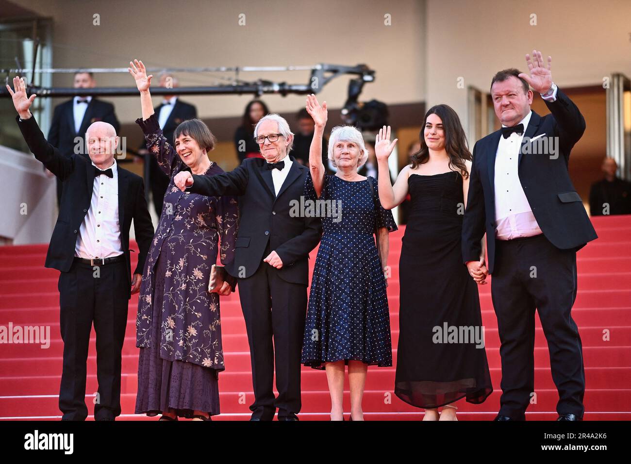 Cannes, France. 26th May, 2023. Paul Laverty, Rebecca O'Brien, Director Ken Loach, Lesley Ashton, Ebla Mari and Dave Turner attend the The Old Oak red carpet during the 76th annual Cannes film festival at Palais des Festivals on May 26, 2023 in Cannes, France. Photo by Franck Castel/ABACAPRESS.COM Credit: Abaca Press/Alamy Live News Stock Photo