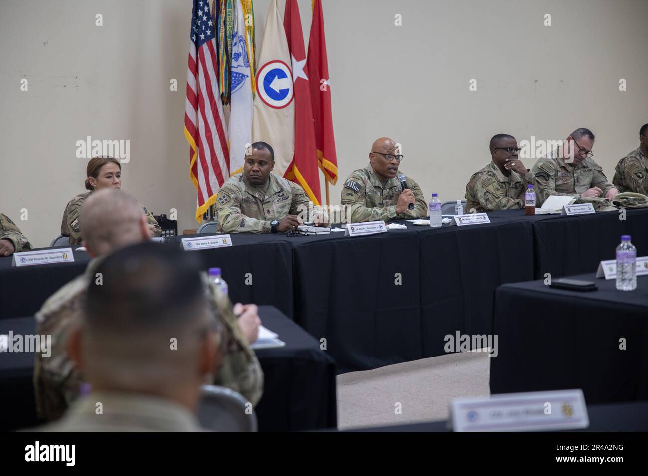 Brig. Gen. Maria Juarez, commanding general, 143d Sustainment Command (Expeditionary), Maj. Gen. Michel M. Russell Sr., commanding general, 1st Theater Sustainment Command, Maj. Gen. David Wilson, commanding general, Army Sustainment Command, and their Command Sgts. Maj. participate in a leader professional development conference at Camp Arifjan, Kuwait on Jan. 24, 2023. The LPD reinforced how critical the joint logistics enterprise is to sustainment operations for U.S. Army Central in the United States Central Command’s area of operations. Stock Photo