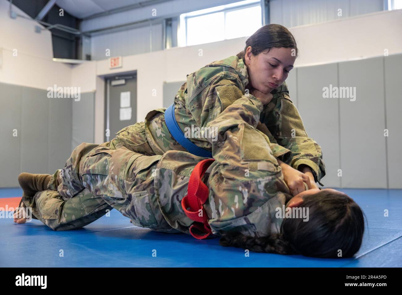 Spc. Erika Mena, a Soldier with 716th Military Police Battalion, executes a collar choke on Spc. Elena Guevara, a Soldier with 91st Military Police Battalion, at the 10th Mountain Division combatives facility on Fort Drum, N.Y., March 9, 2023. This event was conducted as part of a best squad competition designed to assess Soldiers on technical and tactical proficiency and teamwork. Stock Photo