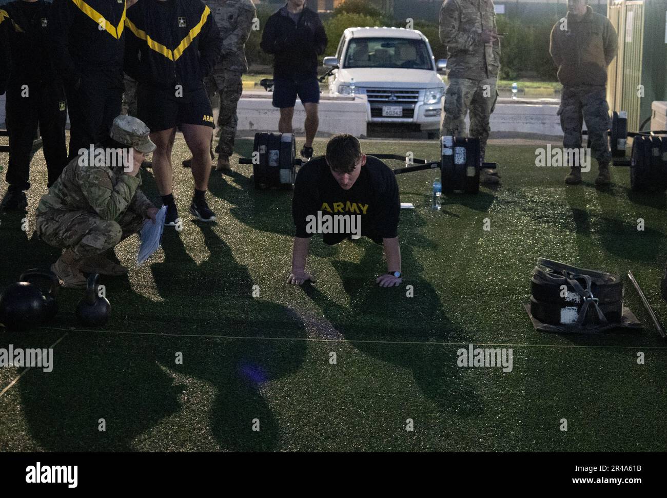 A U.S. Reserve Army Soldier conducts handrelease pushups during an