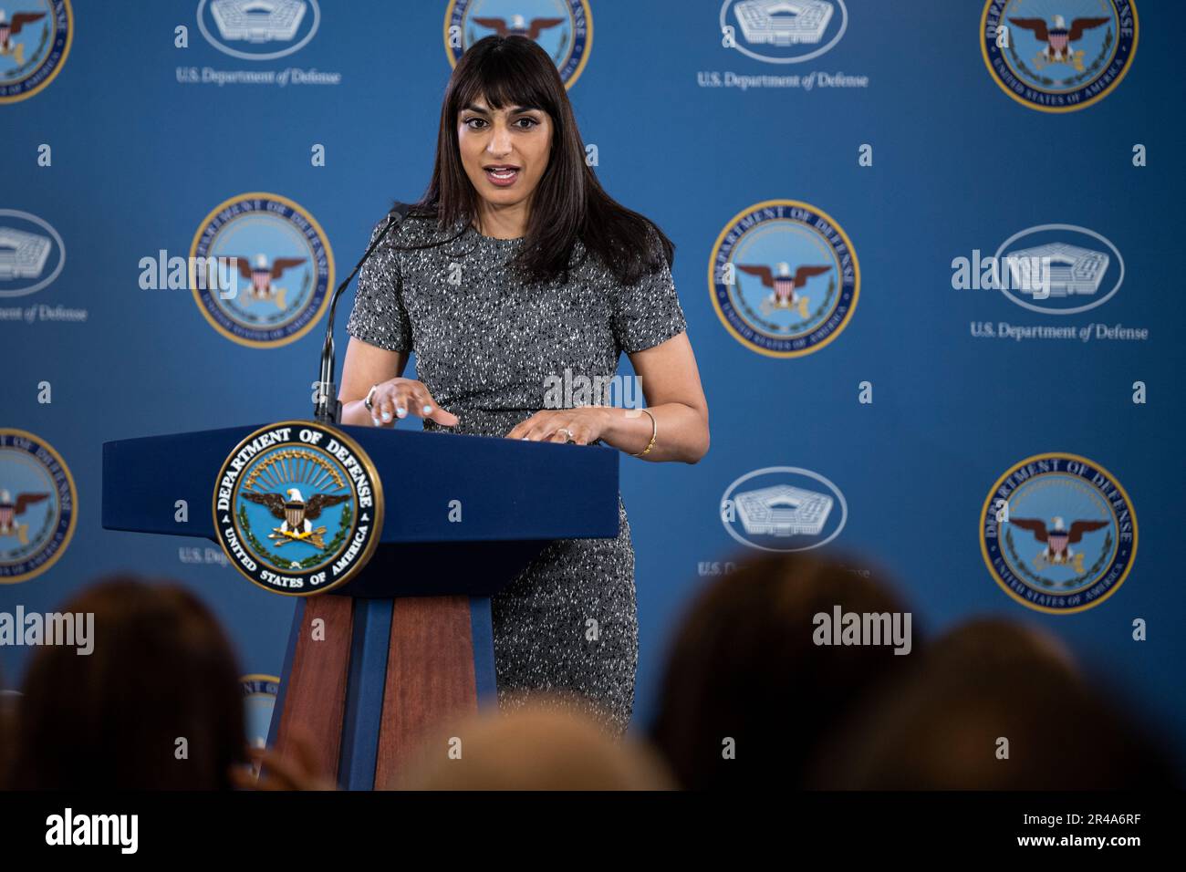 Deputy Pentagon Press Secretary Sabrina Singh conducts a press briefing at the Pentagon in Washington, D.C., April 5, 2023. Stock Photo