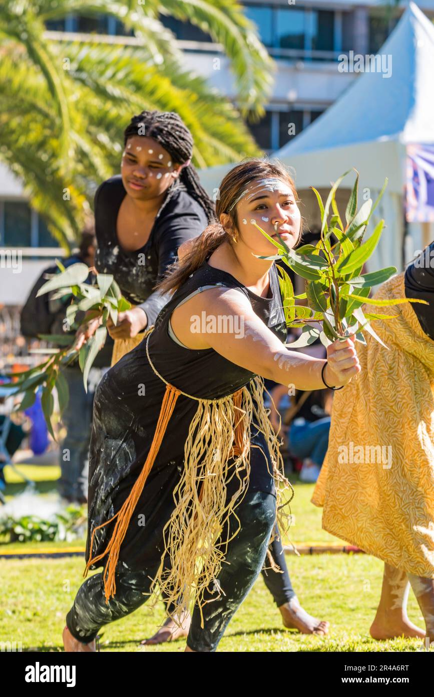 Sydney Australia 27 May, 2023: As part of National Reconciliation Week, a Sorry Day gathering was held today on the Tarpeian Precinct in the Botanical Gardens near the Sydney Opera House. People gathered to remember the stolen generations (of Aboriginal peoples) and create healing for survivors. Sponsored by the Coota Girls Aboriginal Corporation, the event included music crafts and bush foods. The Buuja Buuja Butterfly Dance Group performed at the opening of the gathering. Credit: Stephen Dwyer / Alamy Live News Stock Photo