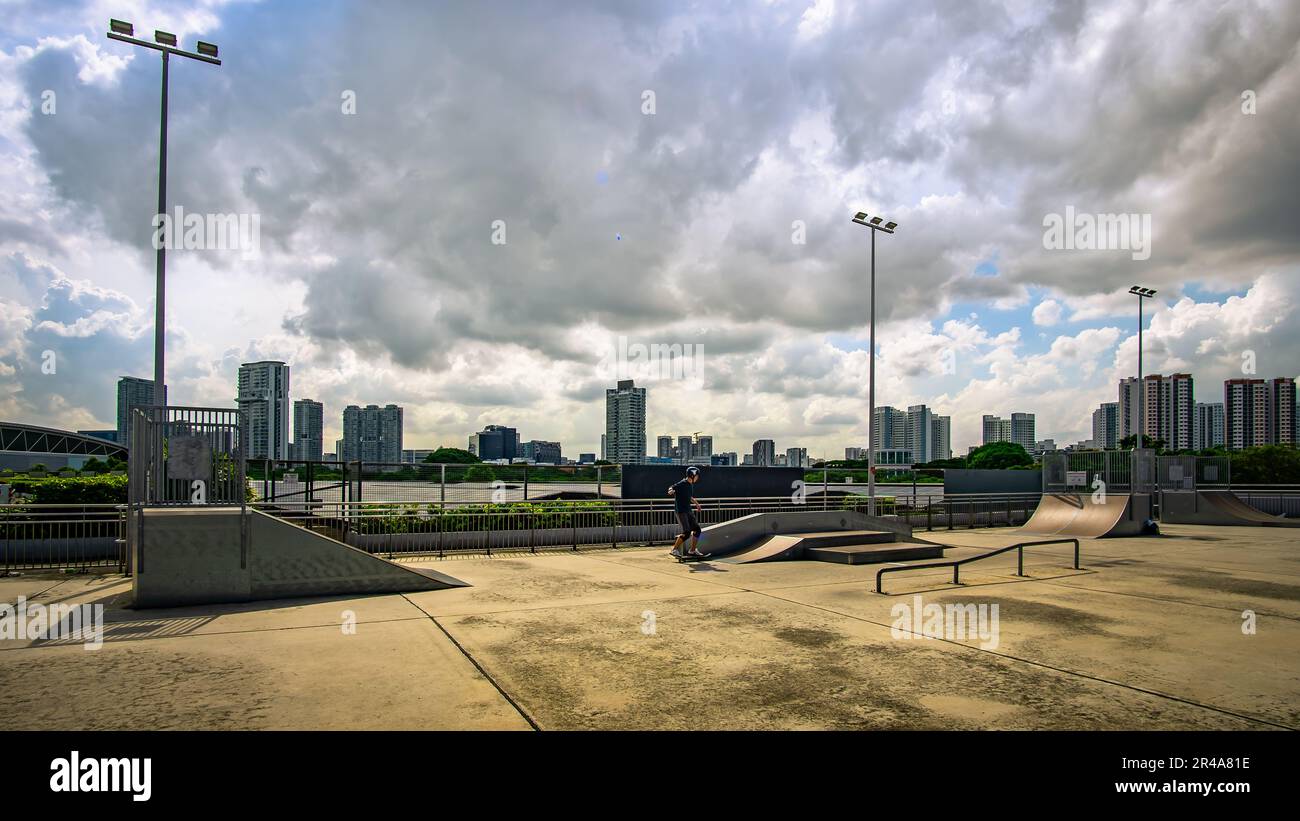 Stadium Skatepark at The Singapore Sports Hub. It is a sports and recreation district in Kallang, Singapore. Stock Photo