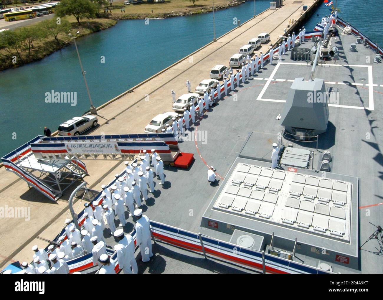 US Navy Sailors man the rails aboard the Navy's newest Arleigh Burke