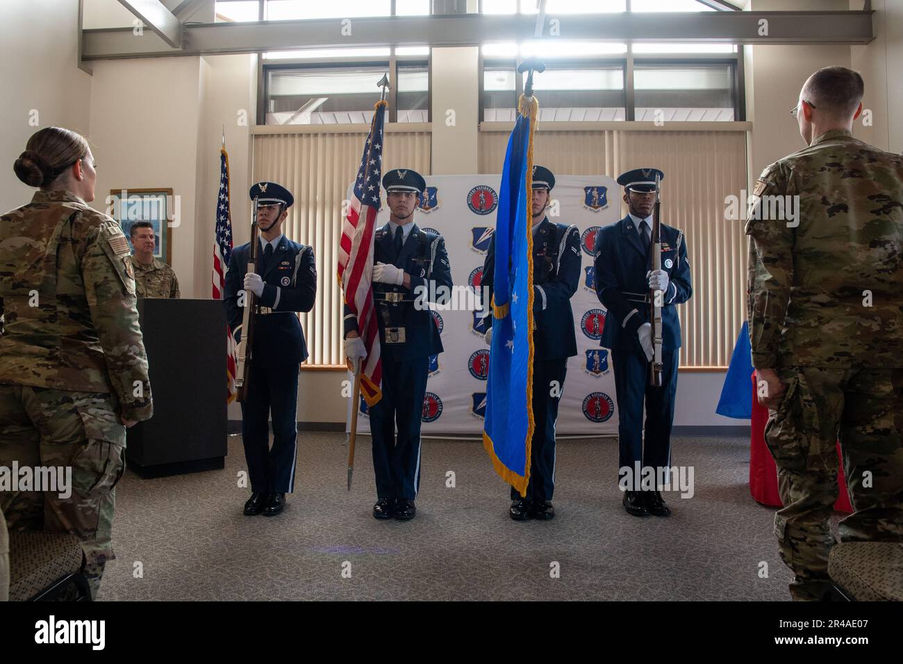 The Whiteman Air Force Base Honor Guard presents the colors during the