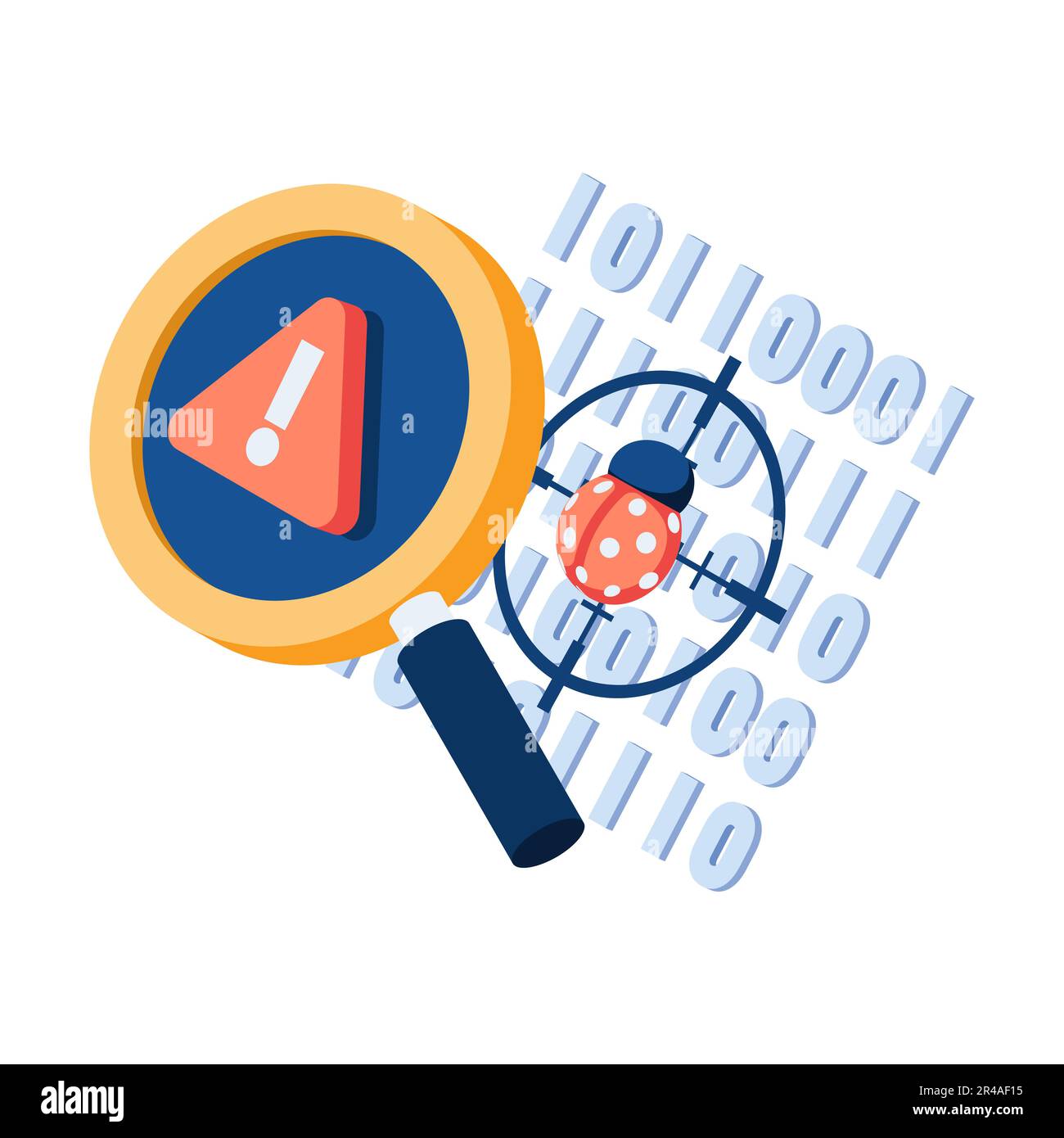 Flat 3d Isometric Magnifier Scanning Bug on Binary Code. Software Testing and Software Bug Concept. Stock Vector