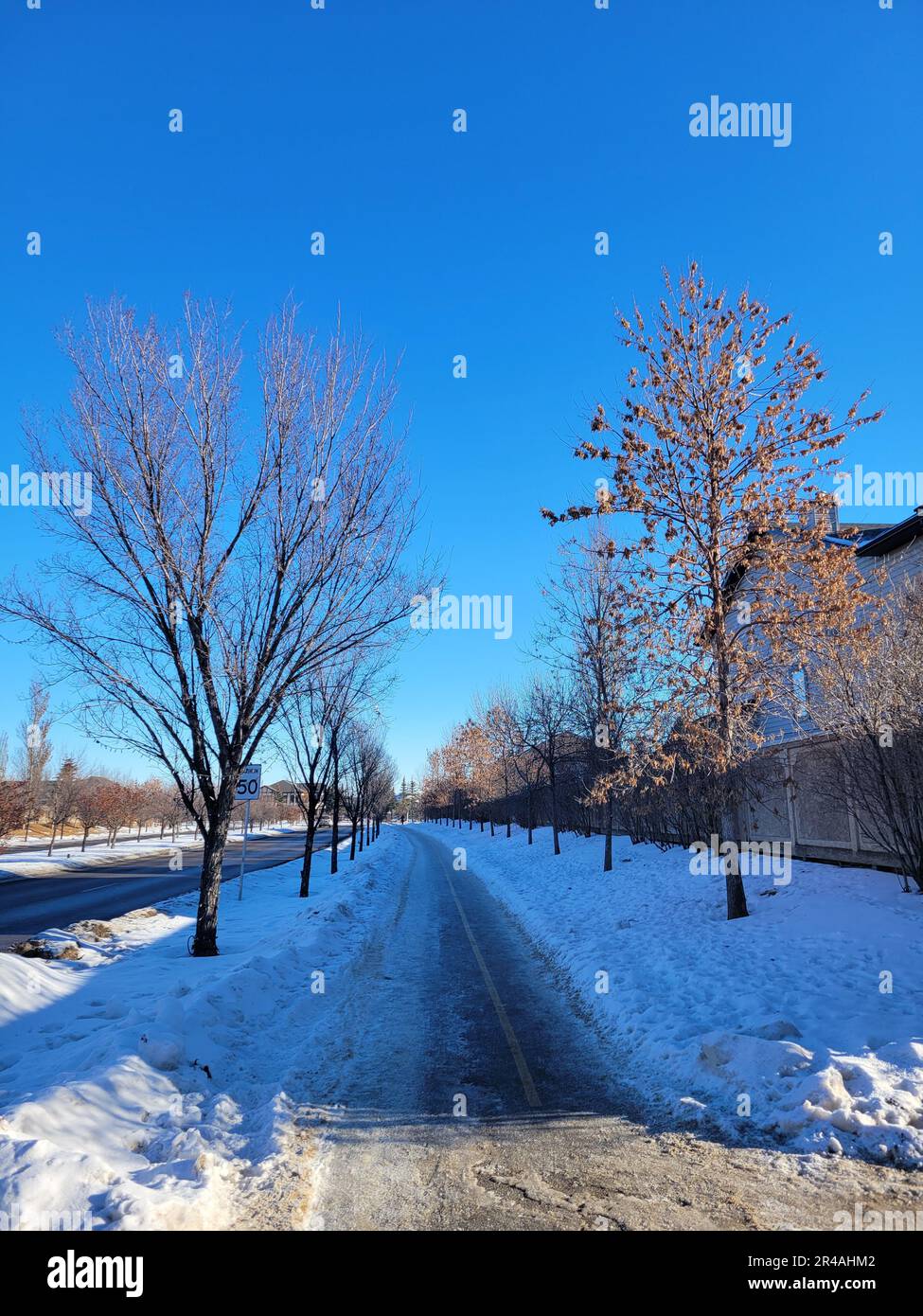 A scenic winter landscape featuring a winding road blanketed in snow ...