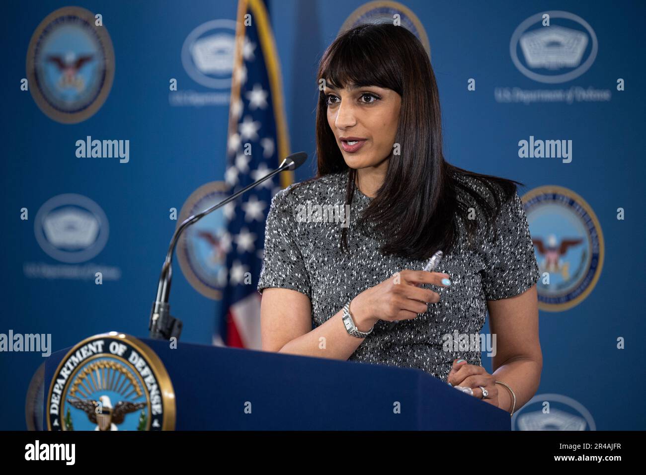 Deputy Pentagon Press Secretary Sabrina Singh conducts a press briefing at the Pentagon in Washington, D.C., April 5, 2023. Stock Photo