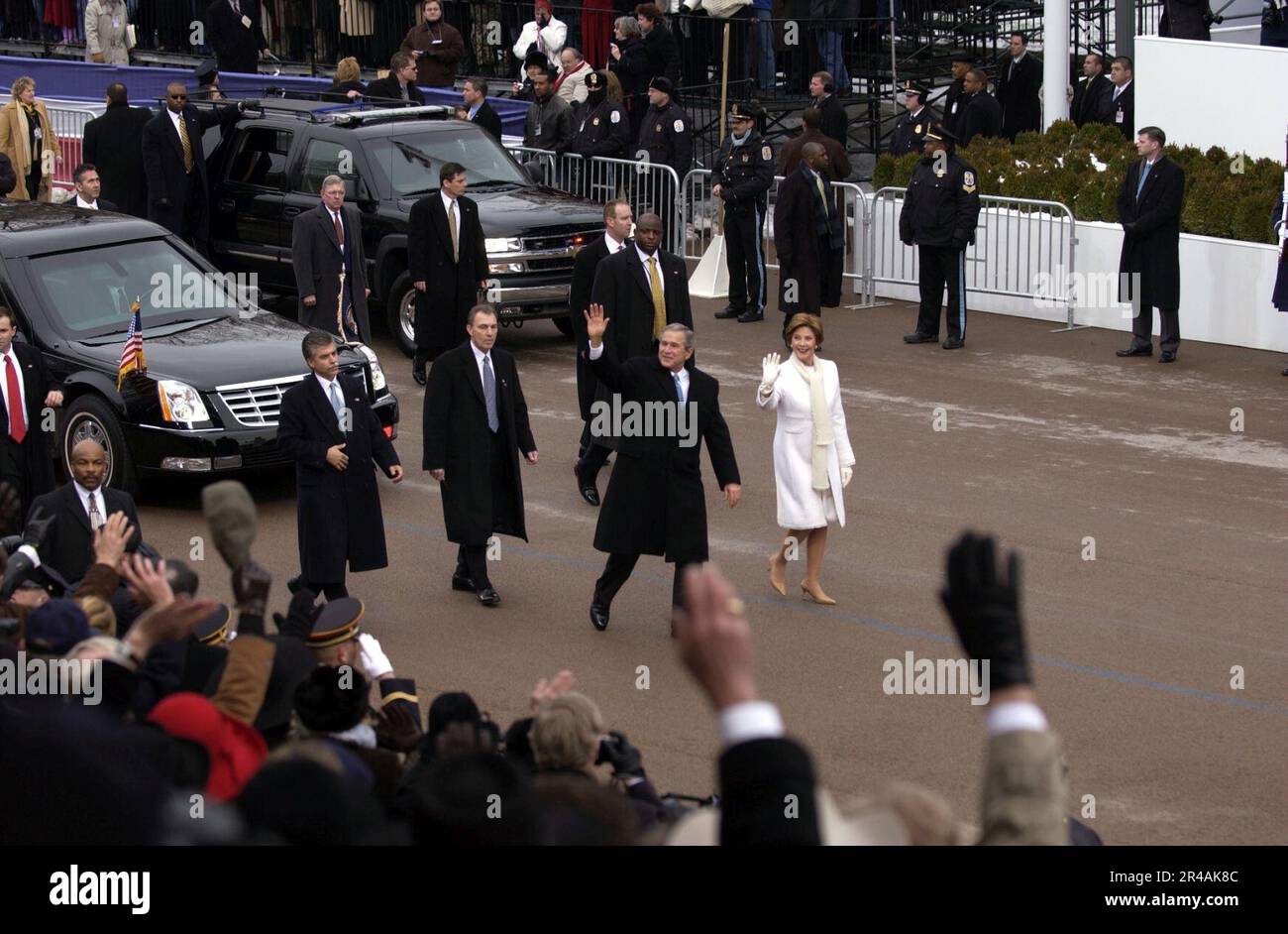 US Navy President W. Bush and First Lady Laura Bush wave to the