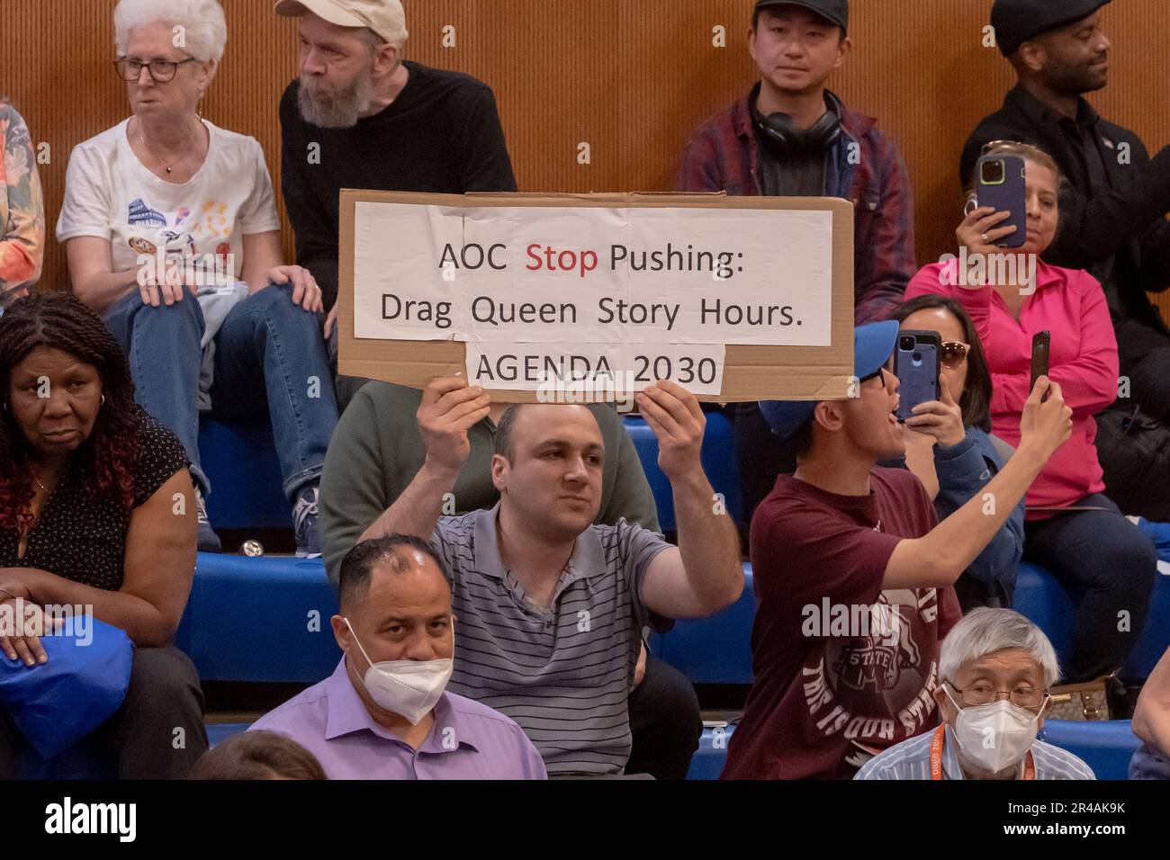 NEW YORK, NEW YORK MAY 26 Audience members hold placards at U.S