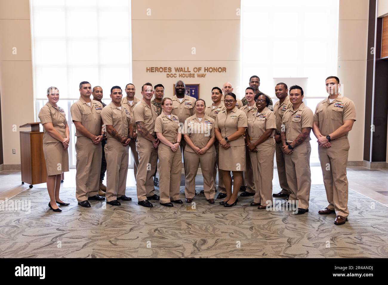 U.S. Navy Sailors pose for a photo during the 130th Chief Petty Officer Birthday cake cutting ceremony, Marine Corps Base Hawaii, March 31, 2023. The celebration commemorated 130 years of lineage for Chief Petty Officers across MCBH. Stock Photo