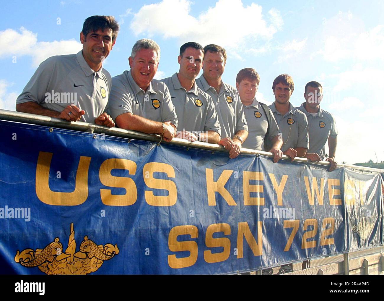 US Navy Players and coaches from the Major League Soccer team, the Los Angeles Galaxy pose for a photograph on the brow of the Los Angeles-class attack submarine USS Key West Stock Photo