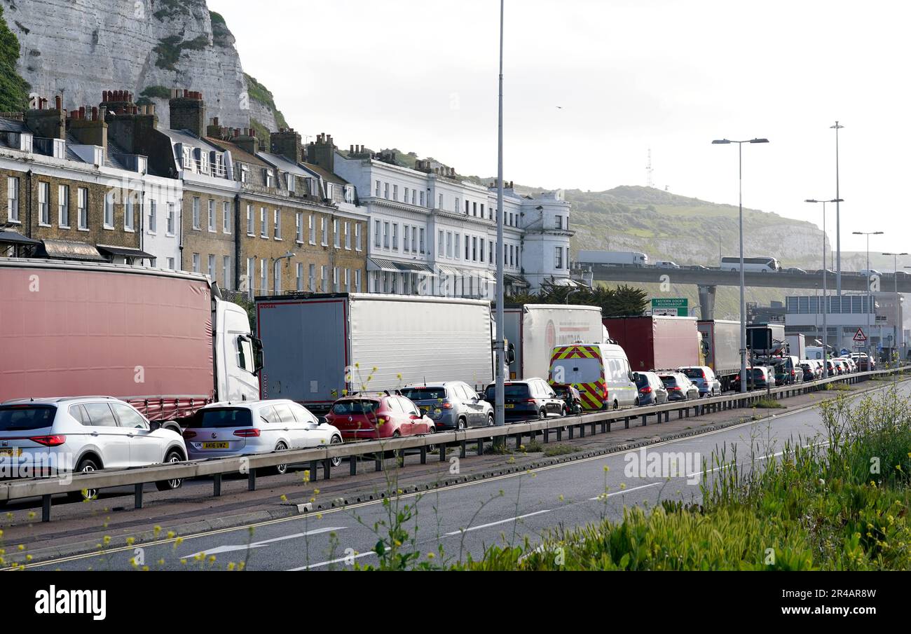 Passengers queue for ferries outside the Port of Dover in Kent as the