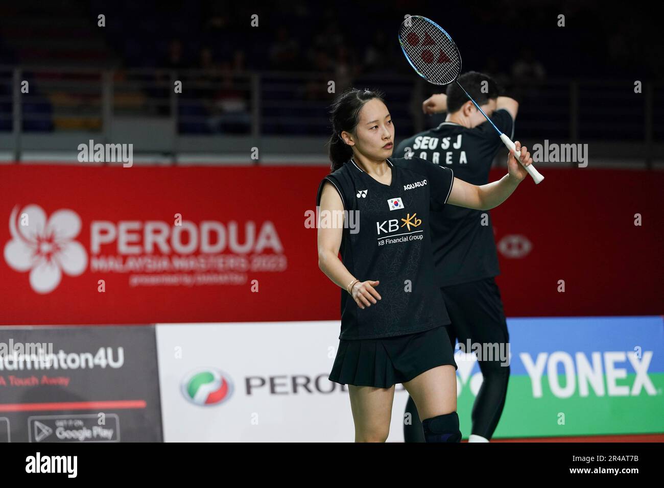 South Koreas Chae Yu Jung, front, and Seo Seung Jae react during their mixed doubles badminton semifinals match against Thailands Dechapol Puavaranukroh and Sapsiree Taerattanachai at the Malaysia Masters badminton tournament in