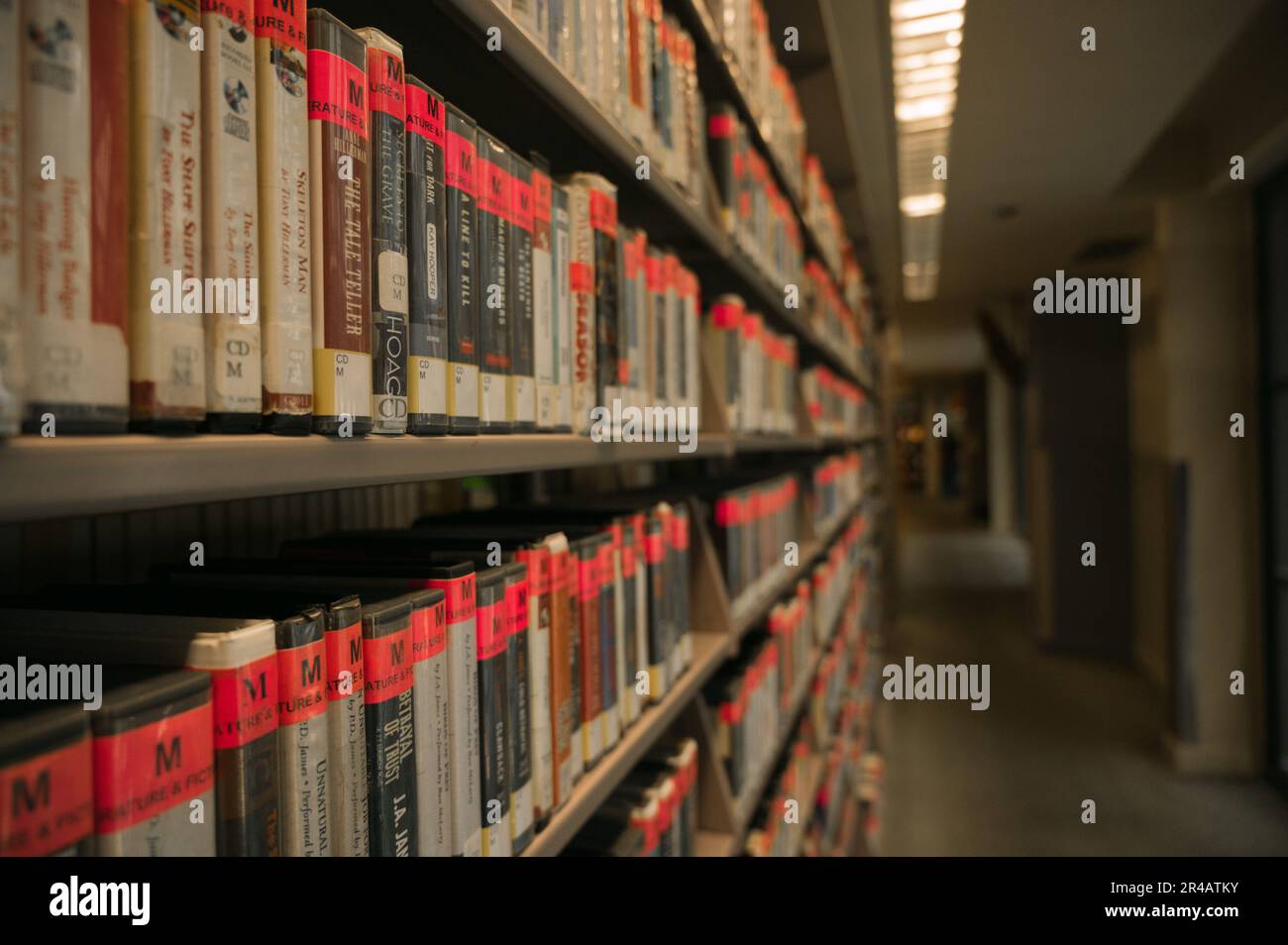 A line of bookshelves stocked with volumes Los Angeles County Library