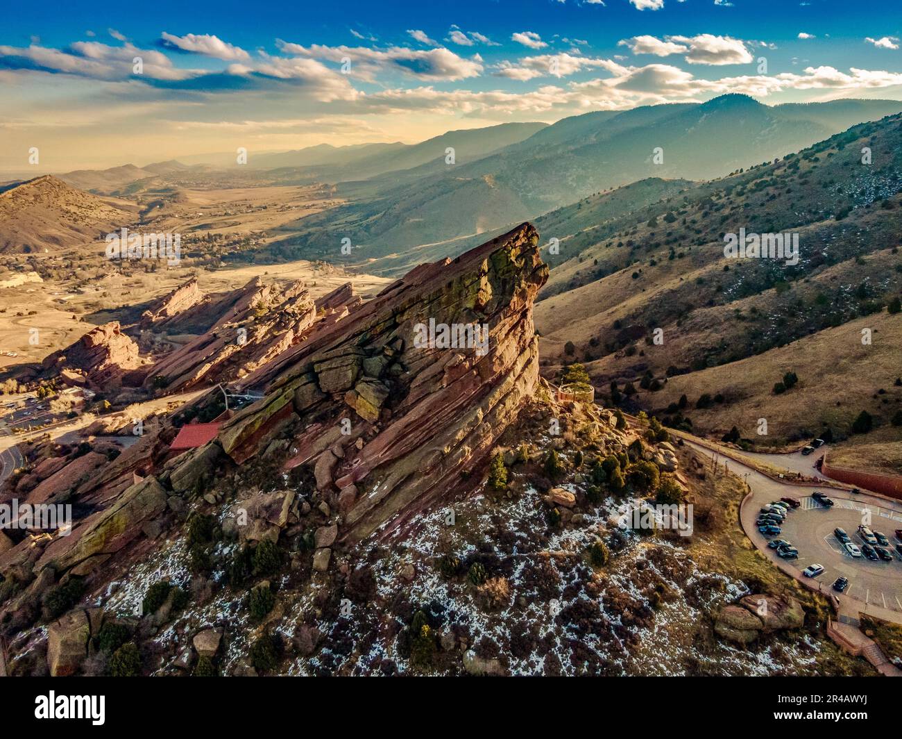 An aerial view of the mountains by Red Rocks Amphitheater in Morrison ...