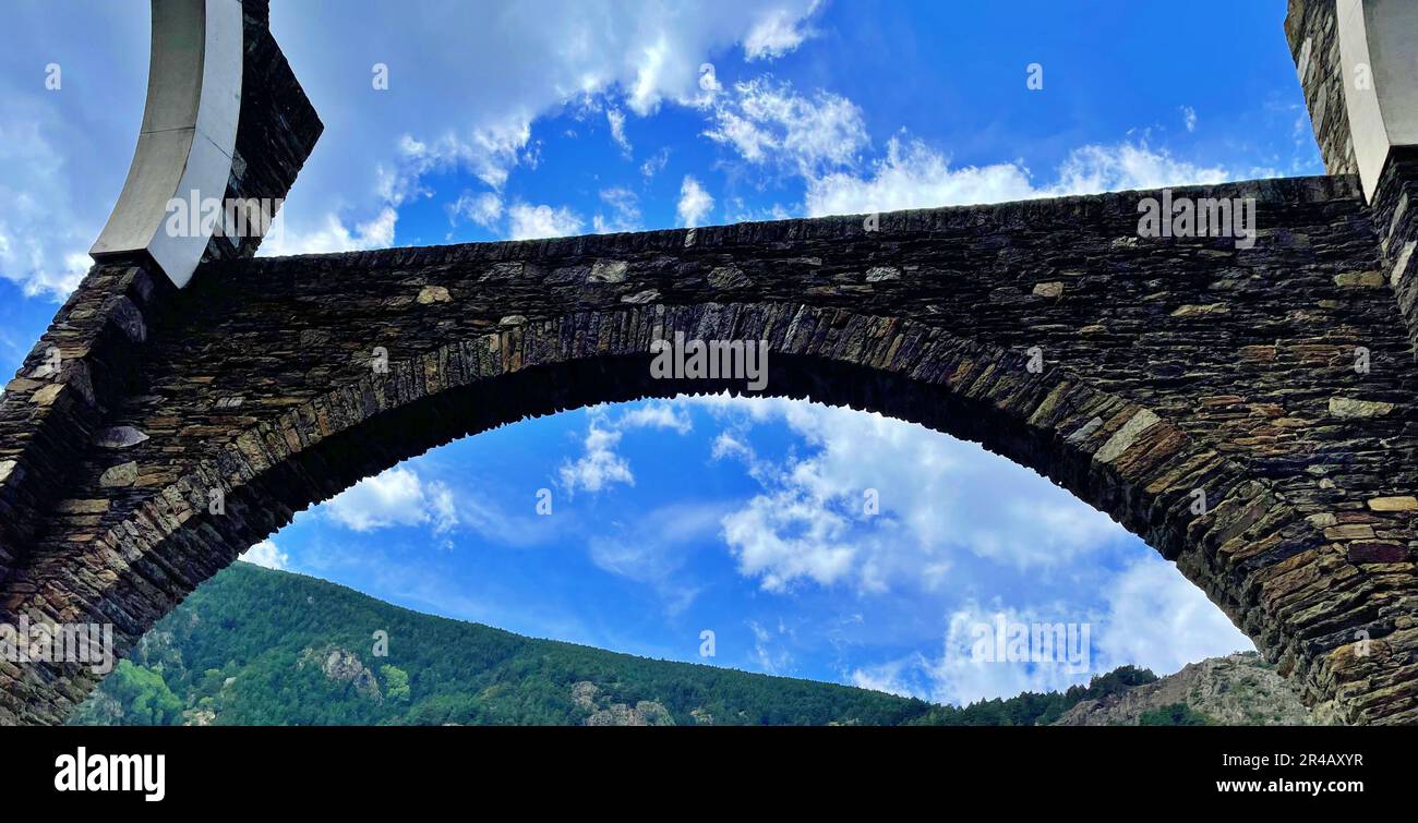 An arch against a blue sky in the Basilica Sanctuary of Our Lady of Meritxell in Andorra Stock Photo