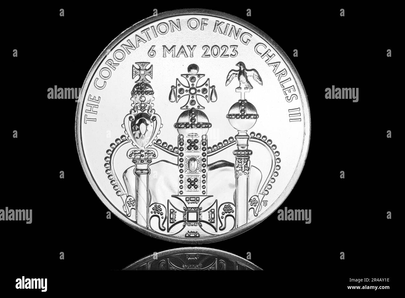 Reverse side of a 2023 £5 coin to commemorate the Coronation of King Charles III at Westminster Abbey on 6th May 2023 Stock Photo