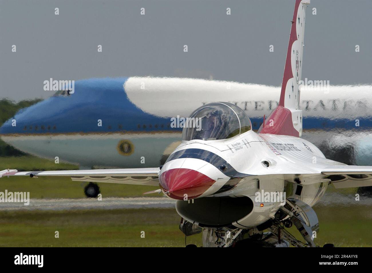 US Navy Air Force One taxis behind a F16C Fighting Falcon belonging to