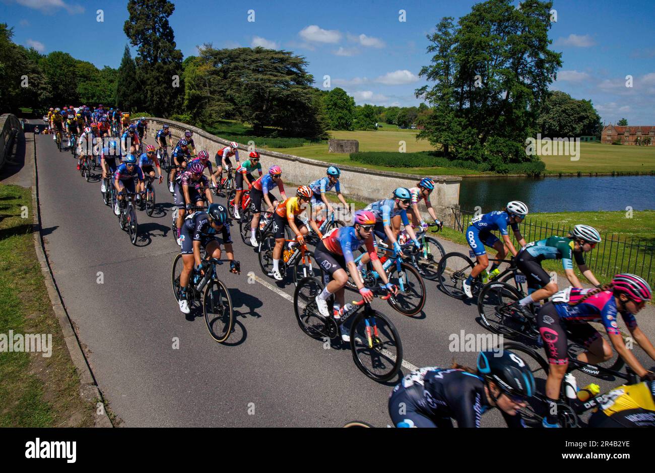 Saffron Walden, UK 27 May 2023 The race passes Audley End House. Elite