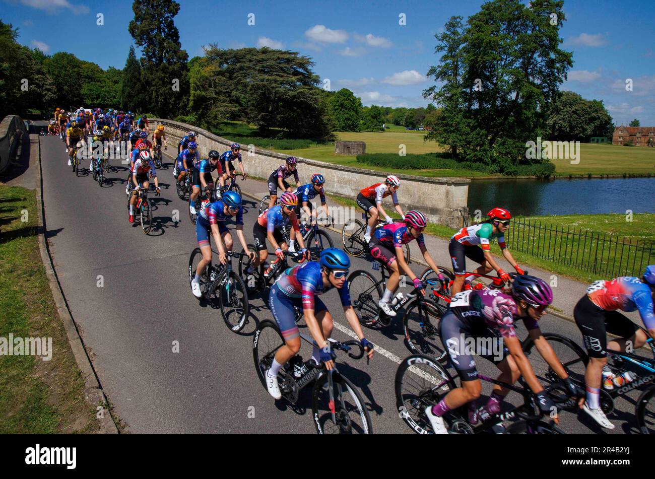 Saffron Walden, UK 27 May 2023 The race passes Audley End House. Elite