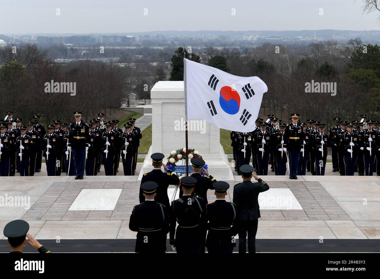 General Park Jeong Hwan, Chief of Staff of the Republic of Korea Army lays a wreath at the Tomb of the Unknown Soldier at Arlington National Cemetery in Arlington, Va, Jan 25, 2023. U.S. Army Maj. Gen. Allan M. Pepin, commanding general, Joint Task Force- National Capital Region and U.S. Army Military District of Washington, hosted this Army Full Honor Wreath-Laying Ceremony. Stock Photo