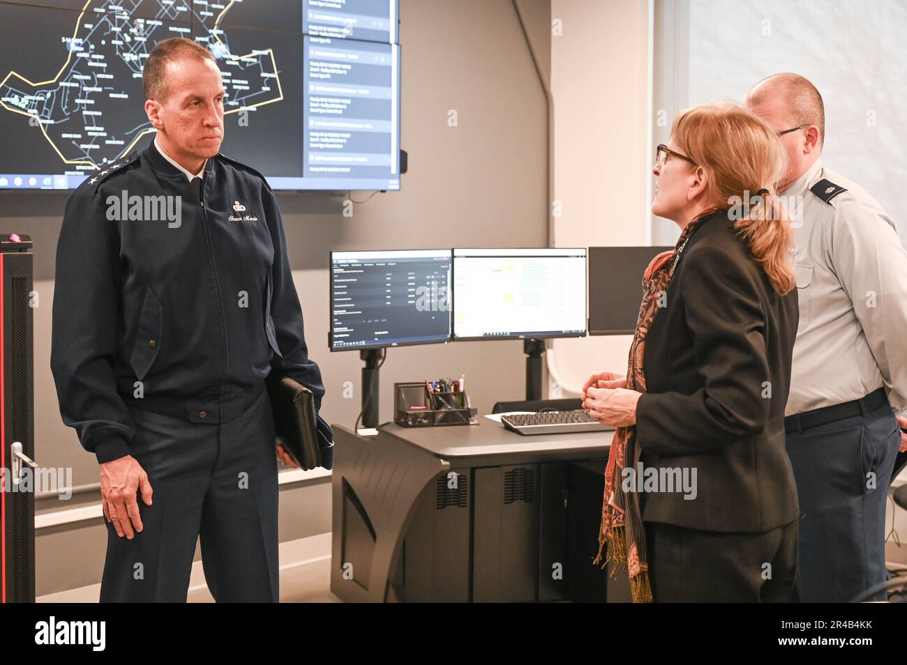 Lt. Gen. Shaun Q. Morris, Air Force Life Cycle Management Center commander, speaks with Linda Haines, Program Executive Office Digital’s Force Protection Division chief, at the Northeastern University Innovation Campus in Burlington, Mass., Jan 23. Haines briefed Morris on how her team is partnering with the university on testing efforts. Stock Photo