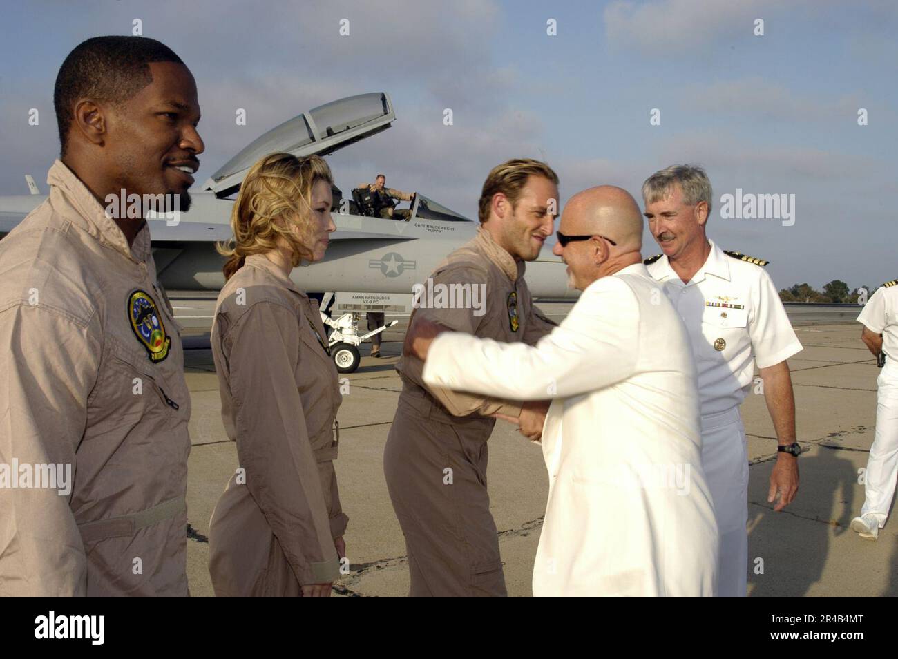 US Navy  Director Rob Cohen and Commanding Officer, Naval Air Station North Island, Capt. greet the cast of the major motion picture movie Stealth. Stock Photo