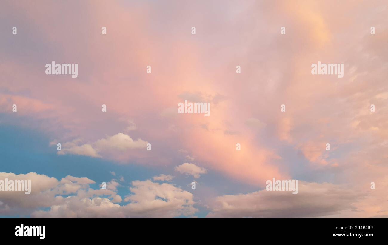 A sky filled with white, fluffy clouds at a soft pink sunset Stock ...