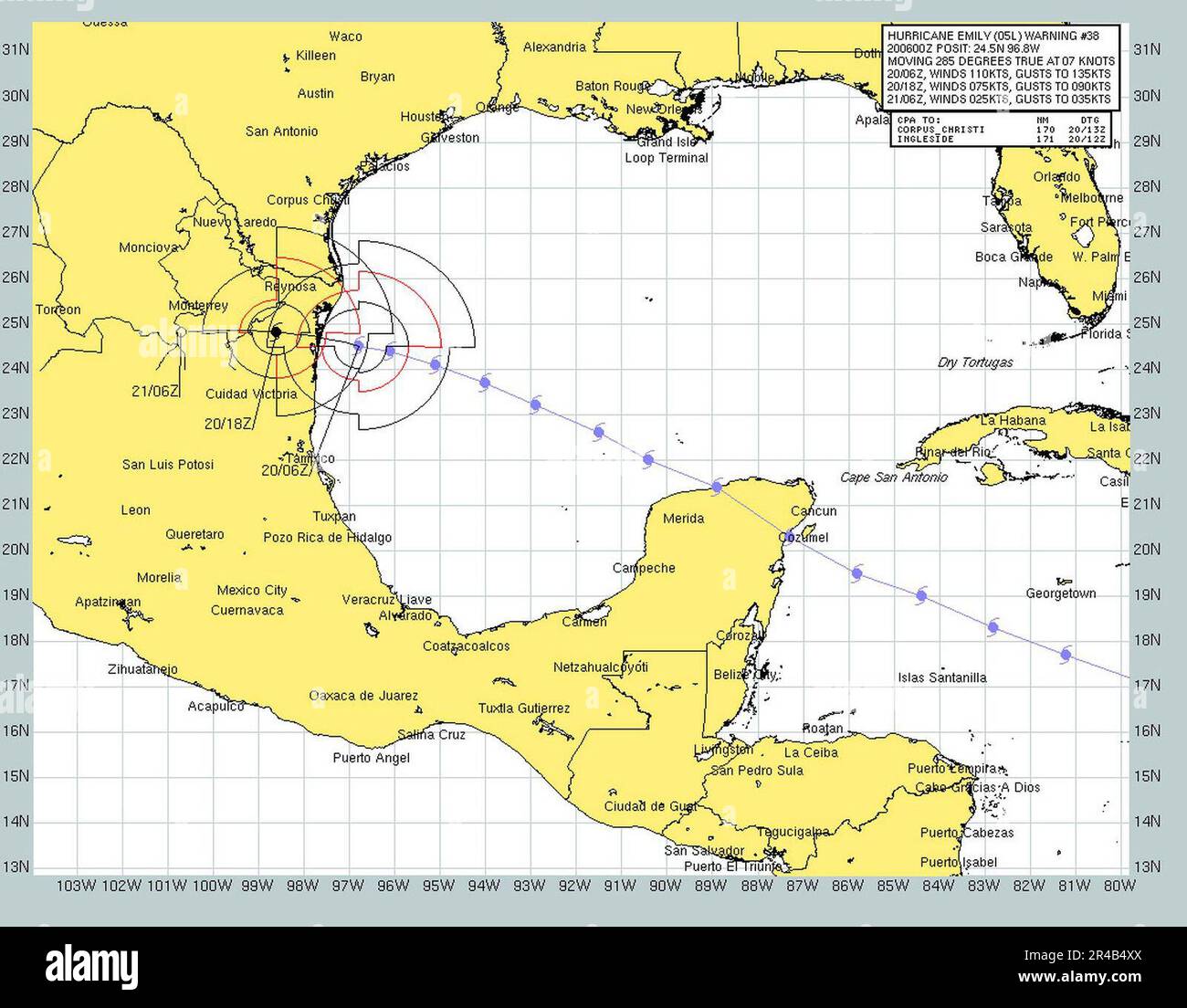 US Navy Graphic depicting the expected track of Hurricane Emily Stock