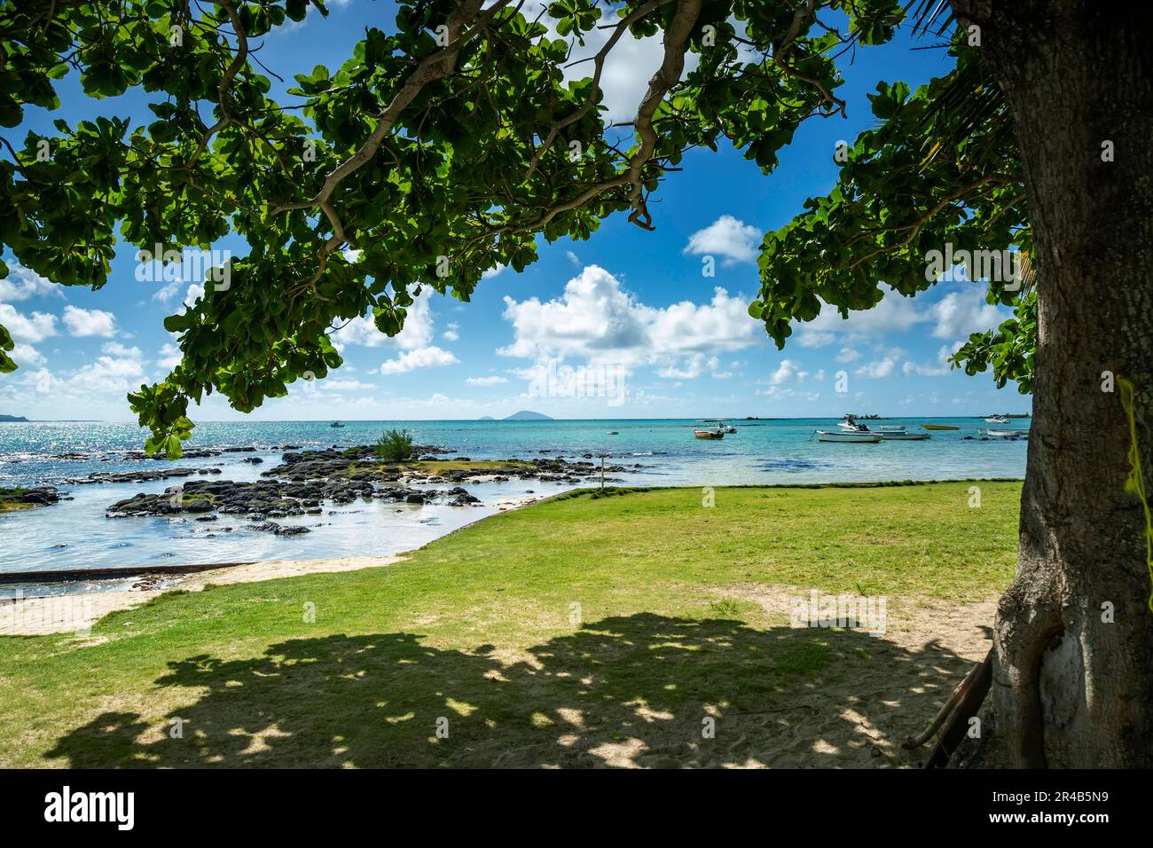 Round Island viewed from cap malheureux beach, is an uninhabited islet 22.5 kilometres north of Mauritius Stock Photo