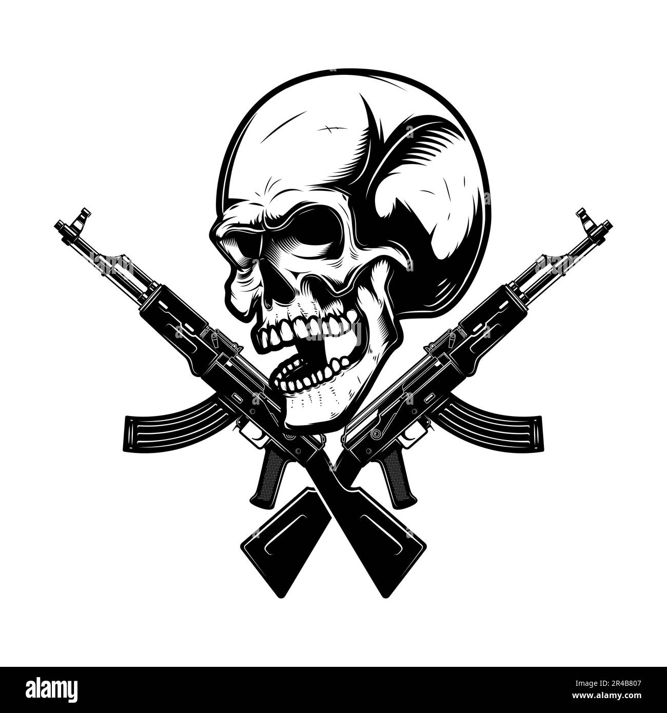 Illustration of the skull with crossed assault rifles. Design element for logo, label, sign, emblem. Vector illustration, Illustration of the skull wi Stock Photo