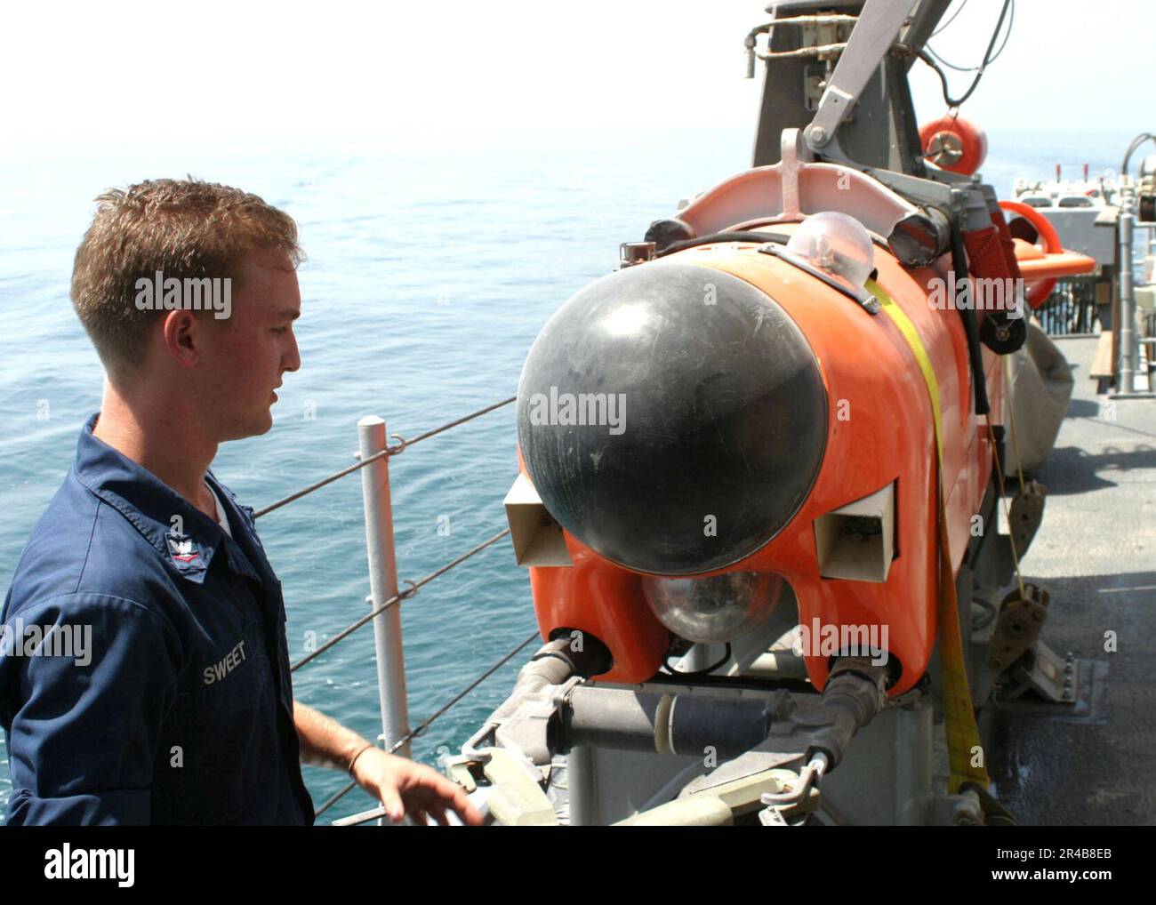 US Navy Mineman 3rd Class prepares to operate the mine neutralization