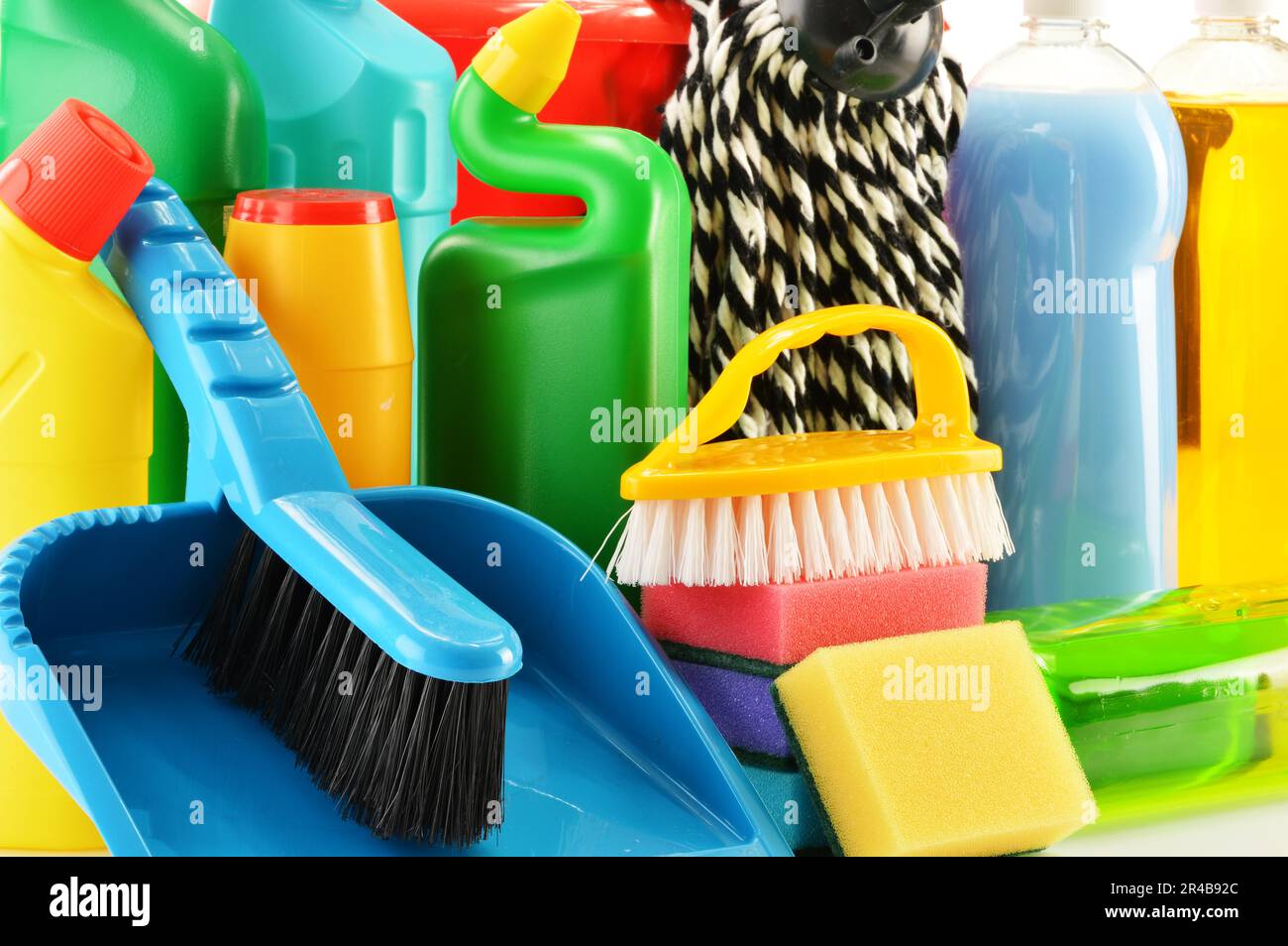 Composition with detergent bottles and chemical cleaning supplies Stock Photo
