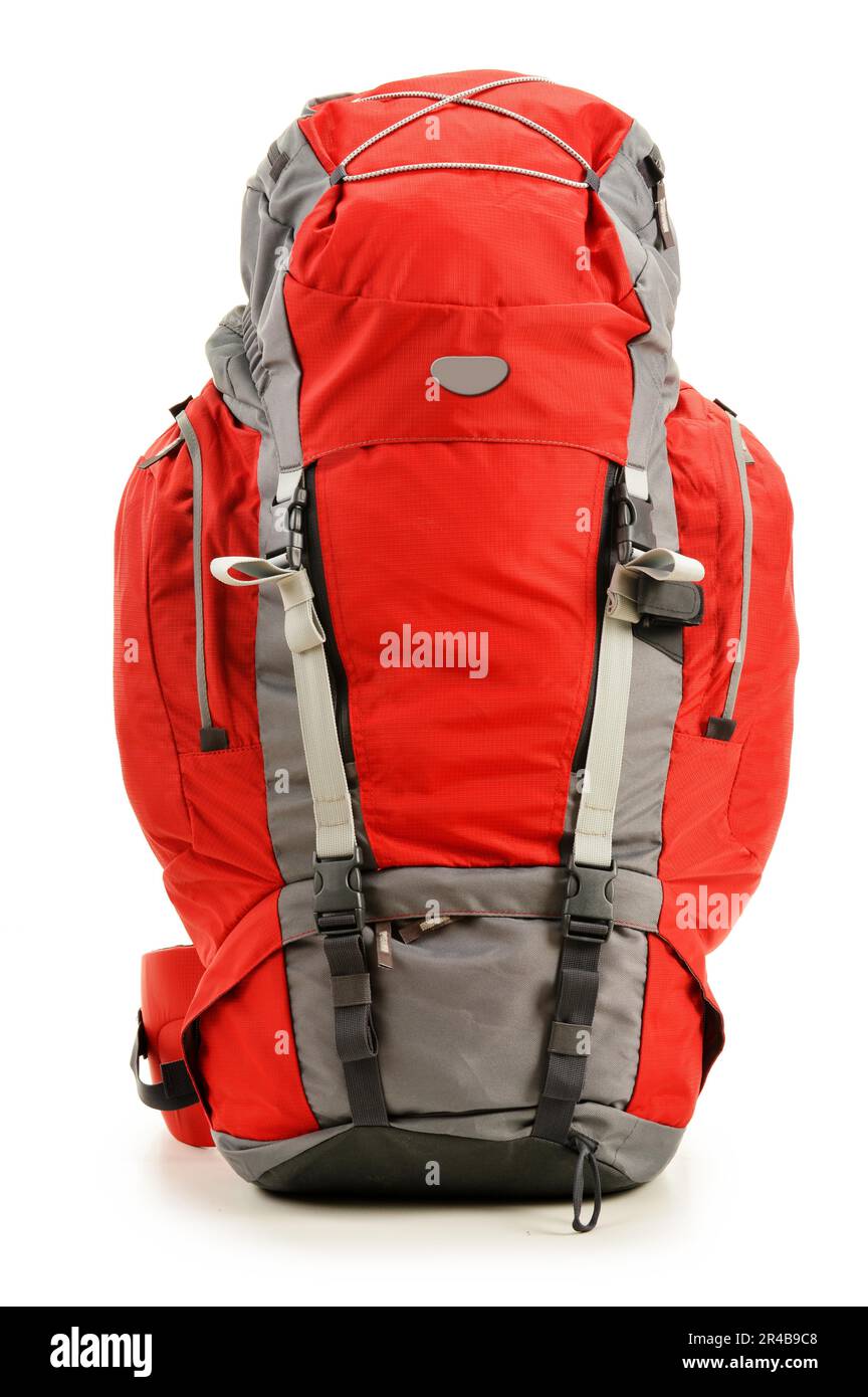 Large red touristic backpack isolated on white Stock Photo