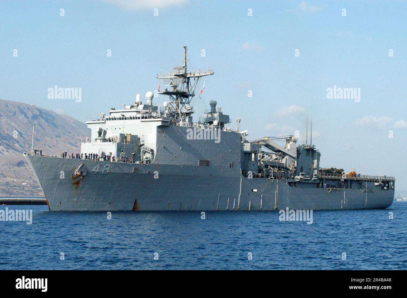 US Navy  The dock landing ship USS Ashland (LSD 48) and embarked elements of 26th Marine Expeditionary Unit (MEU), arrive in Souda Harbor. Stock Photo