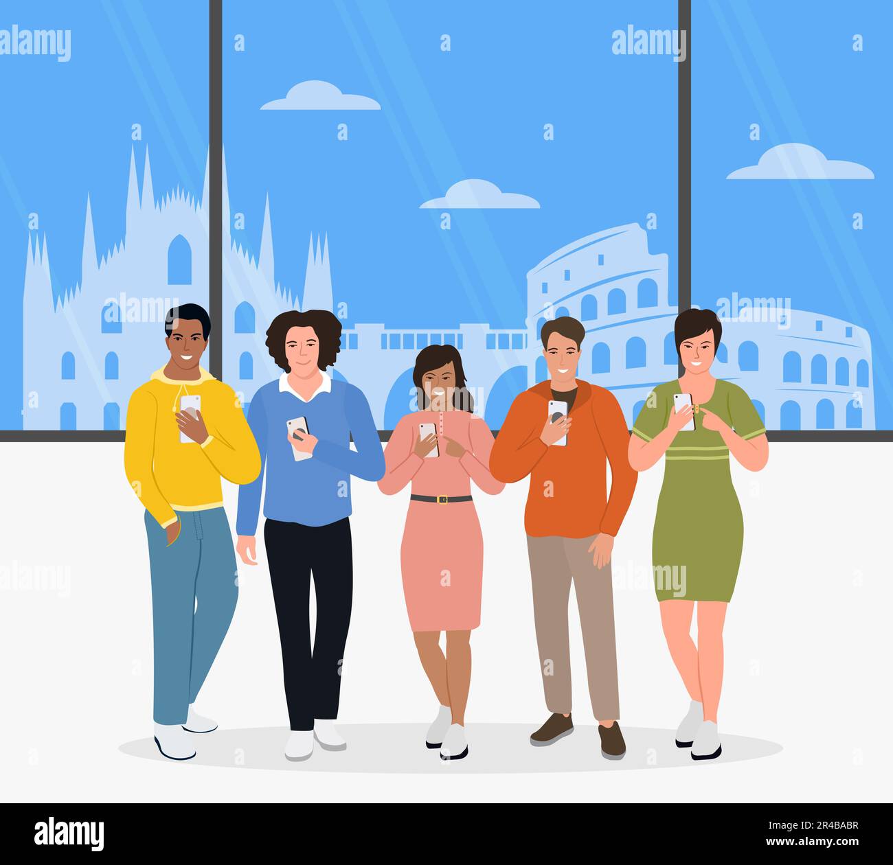 Vector illustration Men, women use cell phones. Tourist. People take