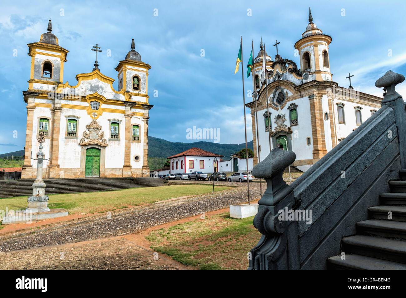 Churches of Sao Francisco and Nossa Senhora da Assuncao, Praca Minas Gerais, Mariana, Minas Gerais, Brazil Stock Photo