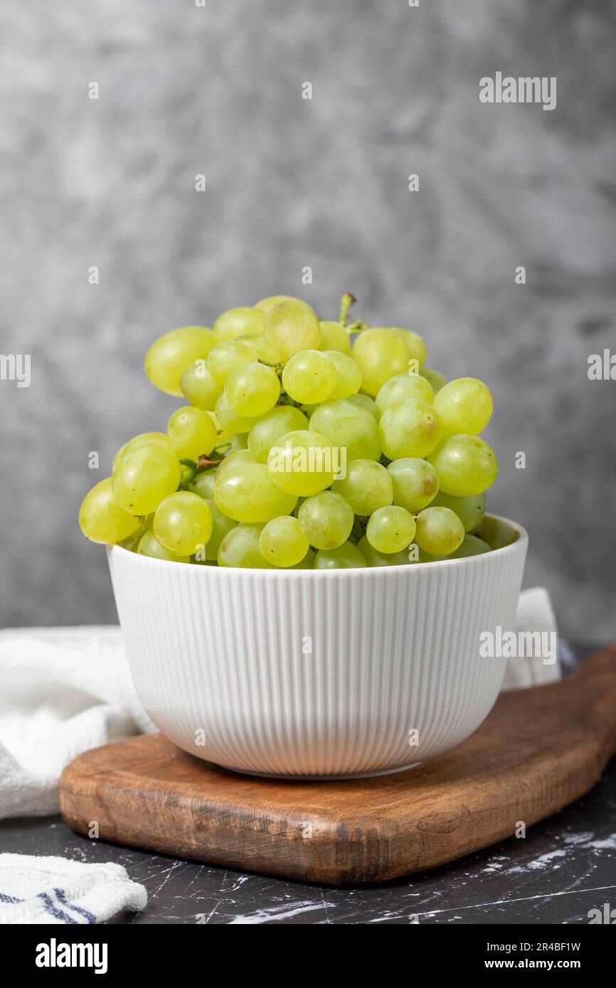 Green Grapes In Bowl. Organic Farm Products. Tasty Green Grape Bunches 