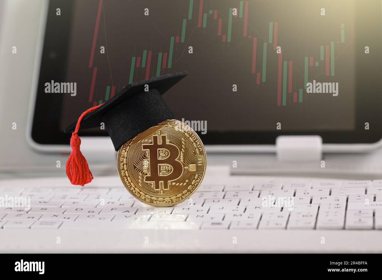 Crypto and Blockchain Education. Graduation cap on Bitcoin Cryptocurrency  trading. Education concept Stock Photo - Alamy