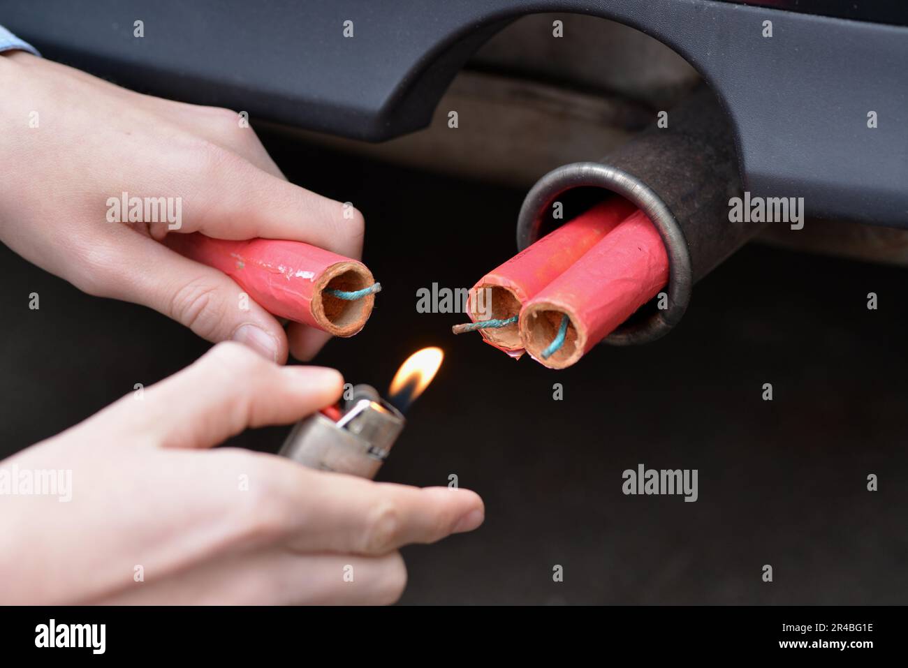 Chinese firecrackers in car exhaust, lighter, firecrackers, fireworks, firecrackers, Chinese