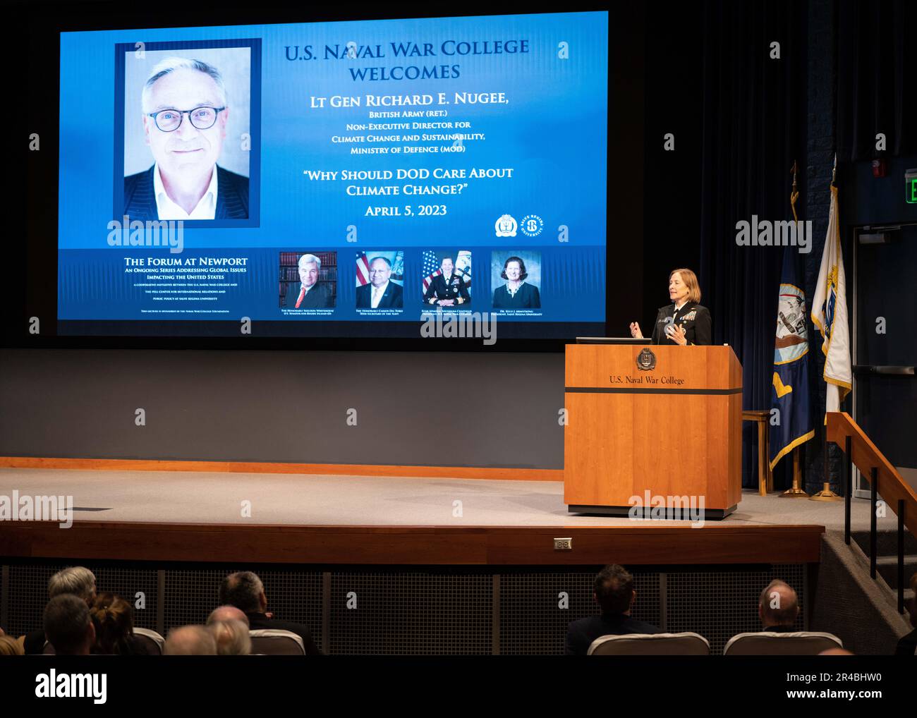 NEWPORT, RI – Naval War College and Salve Regina University conduct a scholarly discussion on the National Security Implications of Climate Change April 5, 2023, part of a new initiative entitled “The Forum at Newport”. This is the first 'Forum' event in a new series designed to increase cooperation and scholarship between the two higher education institutions located on Aquidneck Island. Distinguished participants in the event included Senator Sheldon Whitehouse, Secretary of the Navy the Honorable Carlos Del Toro and retired British Army Lt. Gen. Richard Nugee. Stock Photo