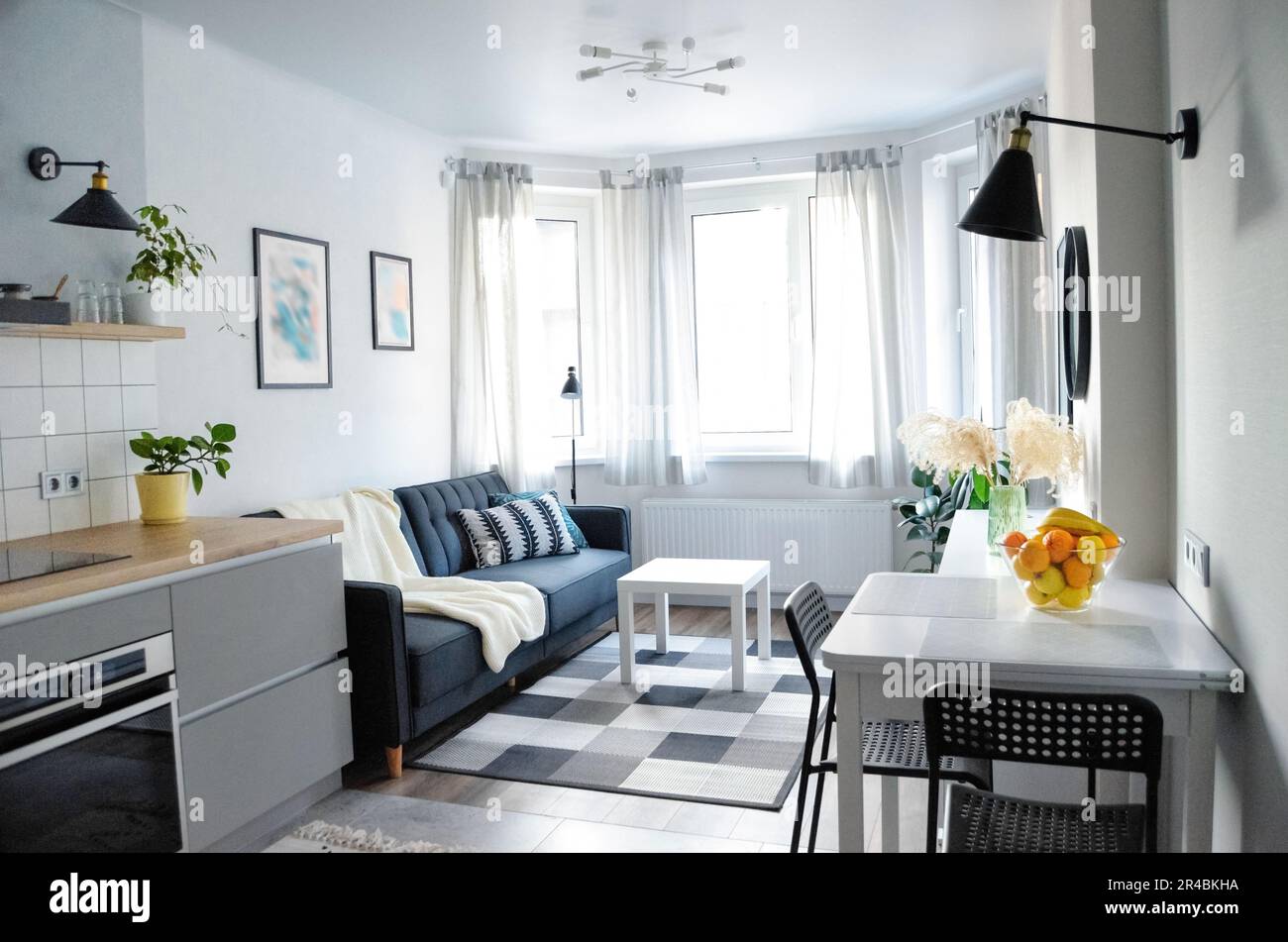 Scandinavian interior style modern studio small apartment in white and ...