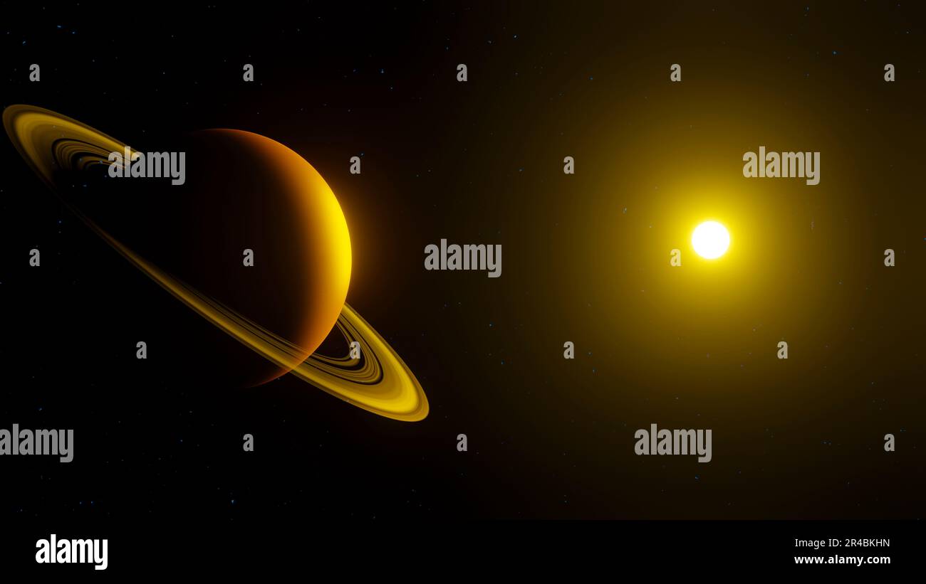 Rendered illustration of a planet with rings orbiting around the planet ...