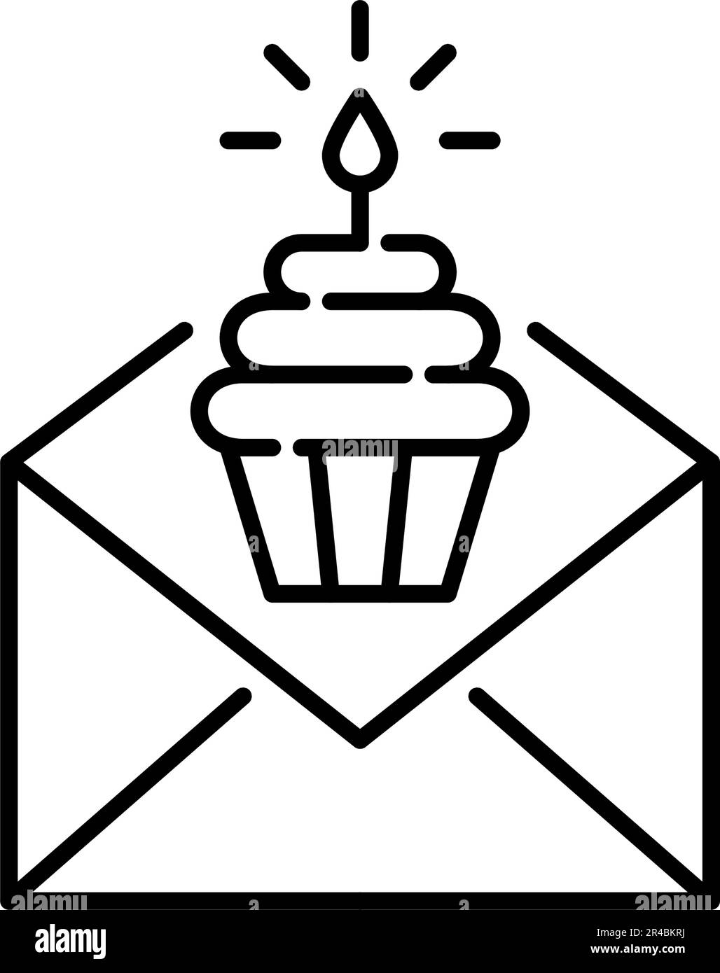 Birthday promotion e-mail. Cupcake with burning candle in letter. Pixel perfect, editable stroke icon Stock Vector