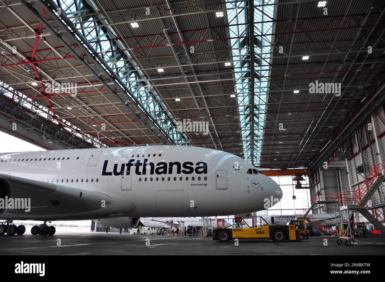 Aviation, Airport, Munich, Aircraft, A380, bow, Maintenance hangar Stock Photo