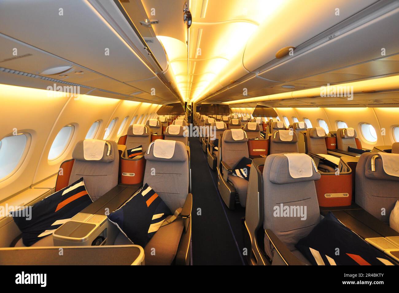 Aviation, airport, Munich, aircraft, Airbus, A380. Interior, rows of seats, business class Stock Photo